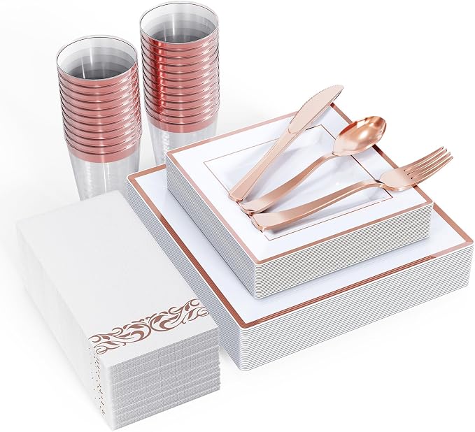 FOCUSLINE 175 Count Rose Gold Dinnerware Set for 25 Guests - Square Plastic Plates with Rose Gold Rim, Includes 25 Disposable Dinner & Dessert Plates, Napkins, Cups, Cutlery Set for Wedding Parties