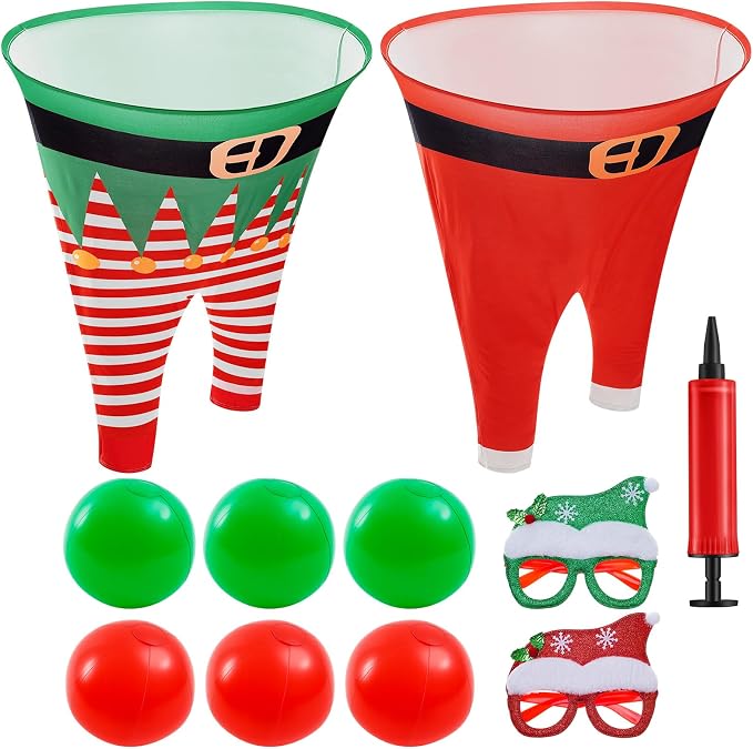 Christmas Granny Pants Outdoor Game Set, Giant Granny Funny Pants with Pump Bouncy Balls & Christmas Glasses, Holiday Yard Tossing Game for Adults Family Party(11 Pcs,Classic Style)