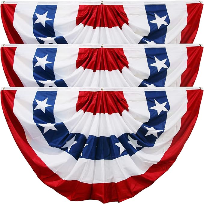 HOOSUN 3 Pack Flag Bunting for Outside,Patriotic 4th of July Decorations,2x4 FT Patriotic Bunting Flags Memorial Day Decor,Red White and Blue Pleated Fan Flag,Flags Banners for Porch