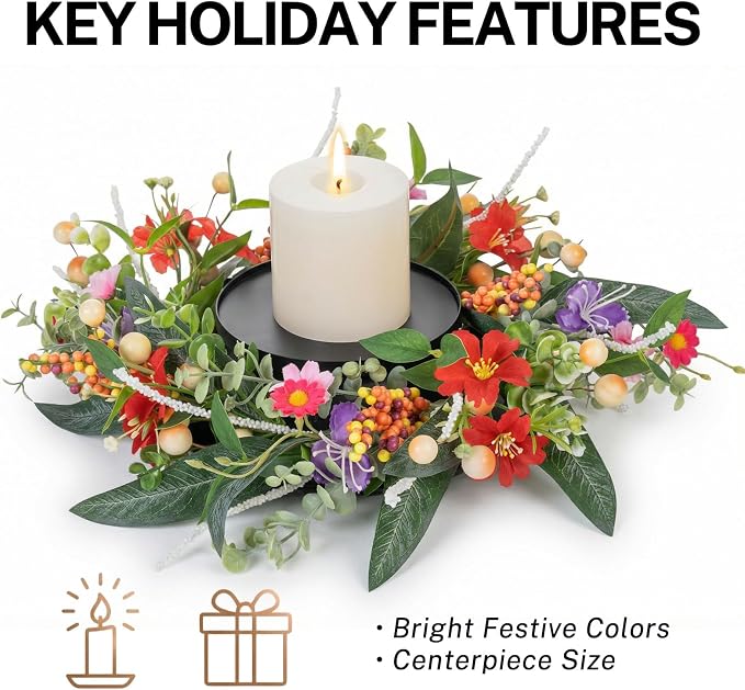MOYEE Summer Centerpieces for Tables Candle Ring, Black Metal Candlestick with an Artificial Wreaths 14 in Versatile Dining Table Centerpiece Decor (Red Flower Green Leaf Wreath)