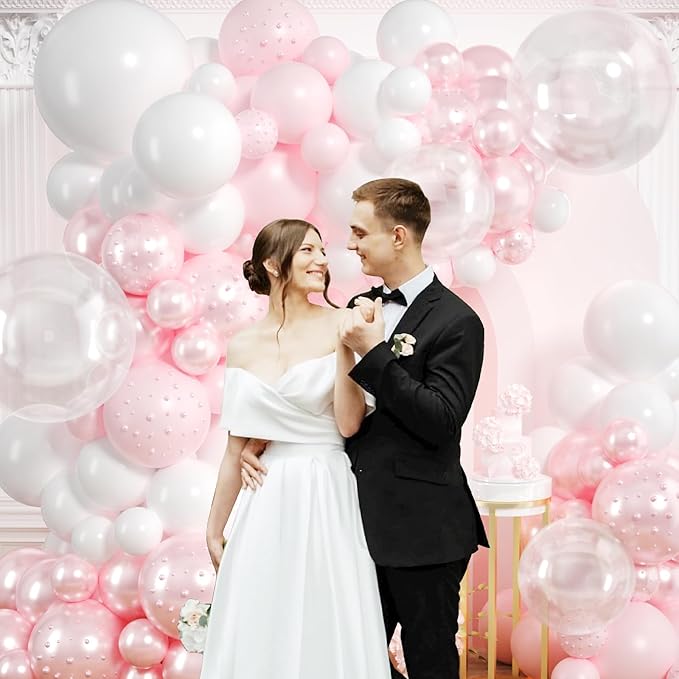Pink Balloon Arch Kit 177Pcs Pink and White Balloon Arch Kit with Clear Double Stuffed Pearl Pink Balloons Pearl Stickers for Wedding Birthday Bridal Shower Engagement Baby Shower Party Decorations