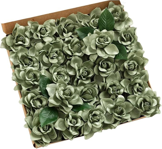 Ling's moment Flowers 25pcs Fake Gardenia Green Flowers Artificial Flowers with Stem, Fake Flower for DIY Wedding Decorations Centerpieces Bouquets Boutonnieres（Flores Artificiales para Decoracion）