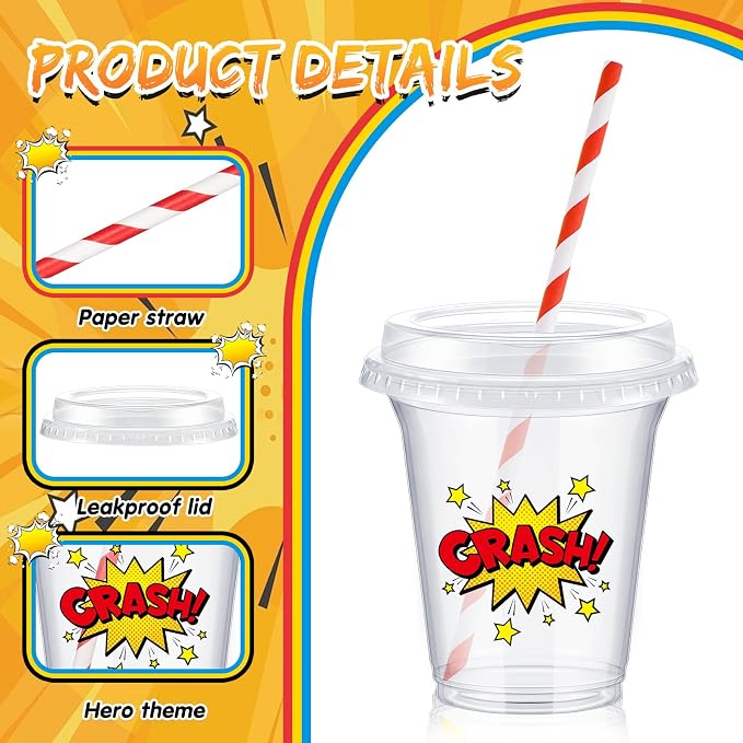 Qinyoung 60 Sets Hero Party Cups with Lids and Paper Straws 14 oz Hero Birthday Party Supplies Favor Disposable Clear Plastic Cups Bulk