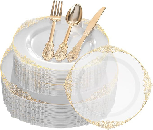 Goodluck 250 PCS Vintage Clear & Gold Rim Plastic Plates with Cutlery Set - Serves 50 - Heavy Duty Elegant Disposable Dinnerware for Wedding, Bridal Shower, Anniversary