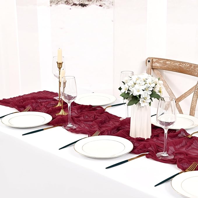 12 Pack Burgundy Cheesecloth Table Runner 10FT Boho Gauze Cheese Cloth Table Runner Rustic Sheer Fabric Table Runners for Wedding Bridal Shower Baby Shower Party(21.5×120 Inch)