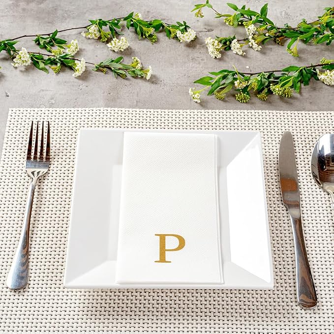 Luxenap 15.8 X 7.9 Inch Linen-Feel Guest Towels, 2000 Lettered Hand Towels - Gold Letter 'P', Sans Serif Font, White Paper Dinner Napkins, airlaid, For Restrooms And Tables