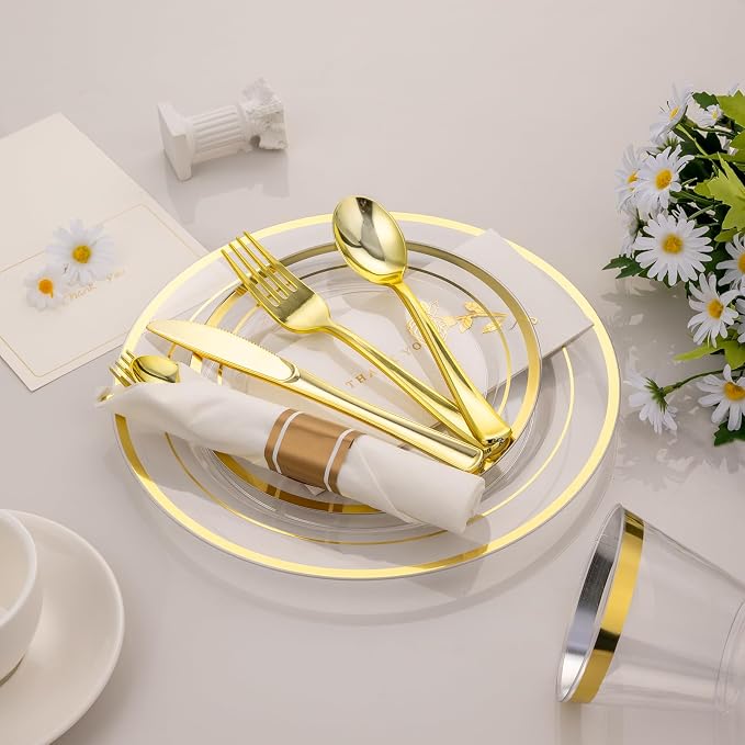 realluck 350PCS Clear Gold Plastic Dinnerware Set for 50 Guests, Disposable Party Plate for Wedding Party, Include: 100 Plastic Plates, 50 Pre Rolled Napkins with Silverware, 50 Cups