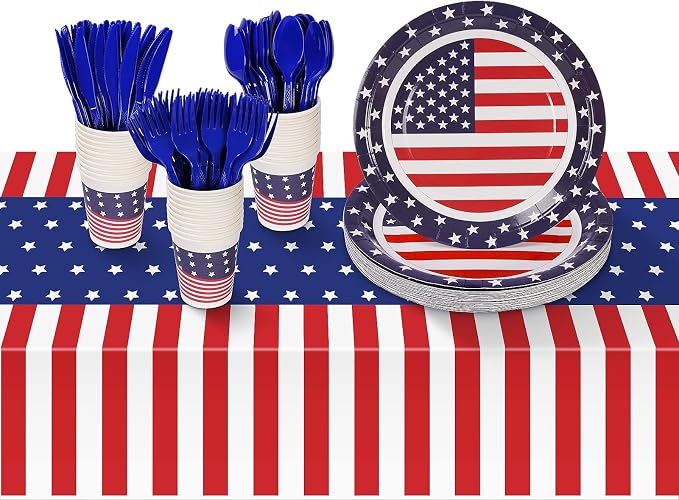 Childom 152 Pack 4th of July Decorations,Patriotic 4th of July Plates Set | Fourth Of July Decorations,250th Anniversary Patriotic Decorations,Red White And Blue Decorations For Labor Day Veterans Day