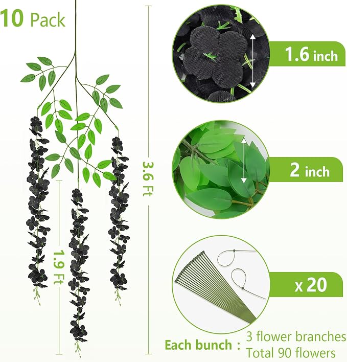 BLEUM CADE 10Pcs Black Fake Wisteria Hanging Flowers, 3.6Ft/Pcs Artificial Wisteria Garland, Hanging Flowers for Wedding Party Home Backdrop Wall Decoration