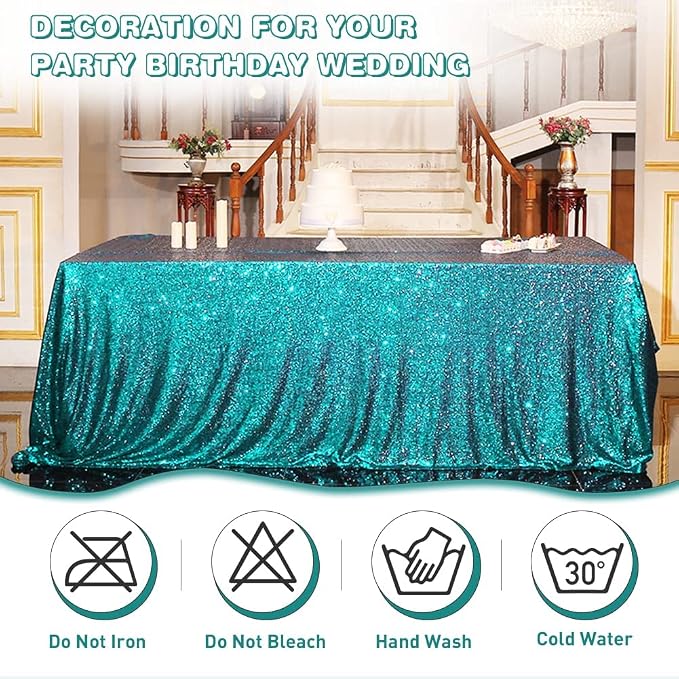 Eternal Beauty Teal Tablecloth, 90x156 Inch Sequin Rectangle Table Cover for Cake Dessert Exhibition Party Birthday Events