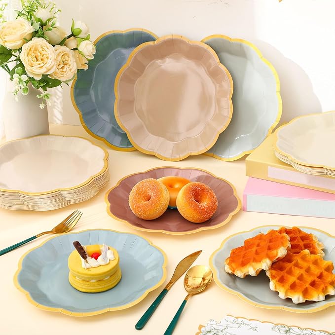 72 Pcs Morandi Color Paper Plates 9 Inch Brown Blue Gradient Scalloped Paper Disposable Dinner Dessert Plates for Birthday Wedding Bridal Party Supplies, 6 Colors