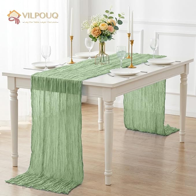 12 Pack Sage Green Cheesecloth Table Runner 21x120 Inches, Boho Gauze Rustic Semi Sheer Cheese Cloth Table Runners for Easter Wedding Bridal Baby Shower, Birthday Party, Long Farmhouse Table Decor