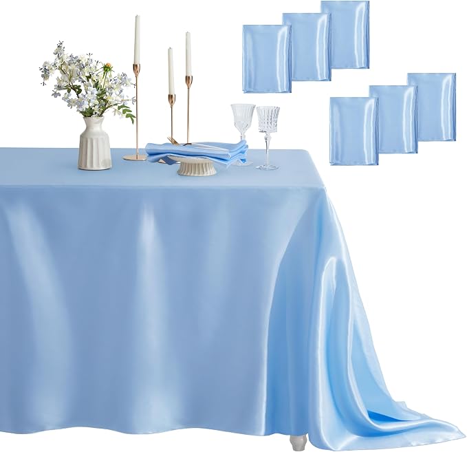 6 Pack Square Satin Table Cover Silkly Soft Table Cloth, Satin Dining Table Cloths for Wedding Banquet Table Decoration, Dining Room, Indoor and Outdoor Use, 52 x 52 Inches, Light Blue