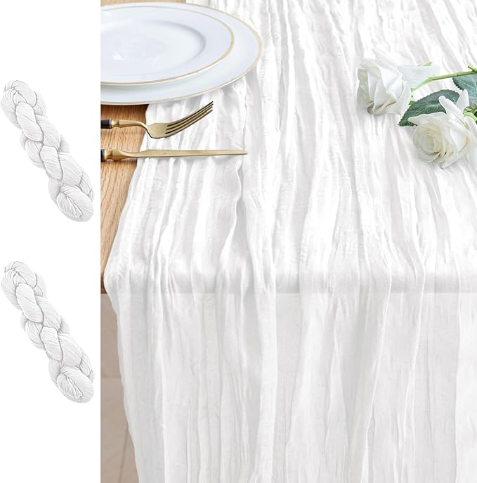2PCS Table Runner Cheesecloth 10FT Ivory Boho Gauze Cheese Cloth Rustic Sheer Table Runners for Wedding Bridal Baby Shower Party Decoration
