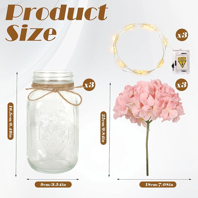 Set of 3 Mason Jar with Lights Blush Hydrangea Decorative Jars Flower Vase Farmhouse Table Centerpiece for Home Wedding Event Party Decor