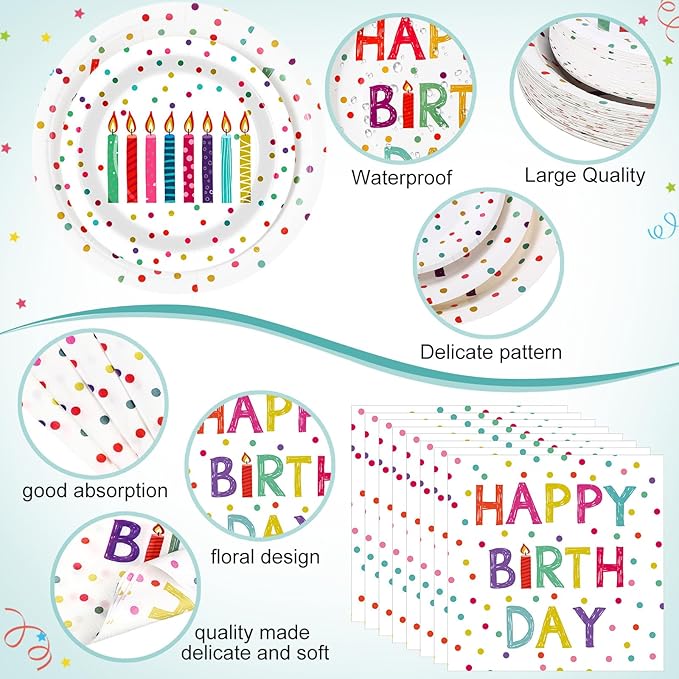 Funnymoom 452 Pcs Happy Birthday Party Decorations Supplies for 50 Guests Birthday Polka Dots Paper Plates Napkins Cups Tablecloth Cutlery for Girls Boys