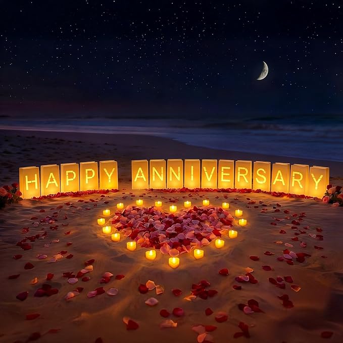 Happy Anniversary Decoration, Light Up Letters Luminaries Signs with Flameless Candles and Fake Rose Petals, Anniversary Romantic Party Decor