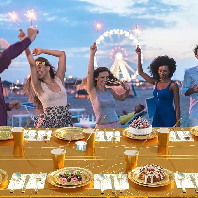 201-piece disposable party tableware set with paper plates, cups, napkins, straws, tablecloths, plastic knives, forks and spoons for a variety of party occasions for up to 25 people (Golden Star)