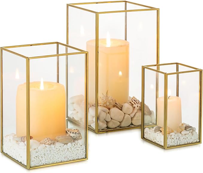 NUPTIO Hurricane Glass Candle Holders: 3Pcs Gold Lanterns Candle Holder for Pillar Candles Geometric Table Centerpiece for Outdoor & Indoor Wedding Christmas Holiday Party Decor 8.1 & 6.5 & 4.7 inch