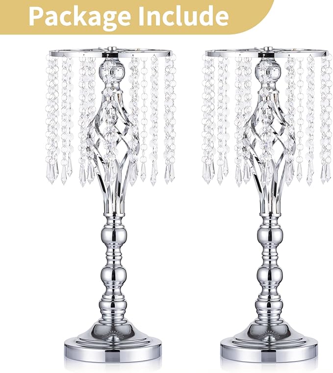 Nuptio 2 Pcs Silver Wedding Centerpieces Flower Stand, 21.7in/55cm Height Wedding Road Lead Flower Vases, Crystal Artificial Flower Arrangements for Wedding Party Birthday Event Reception Home Decor