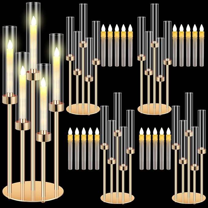 Tandefio 4 Set Gold Candelabra Centerpieces for Tables, 26.8 Inch 5 Arm Candle Holders with LED Candles and Acrylic Cylinders, Tall Acrylic Wedding Table Centerpieces for Reception Dinner Party Decor