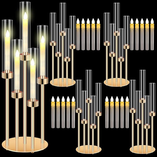 Tandefio 4 Set Gold Candelabra Centerpieces for Tables, 26.8 Inch 5 Arm Candle Holders with LED Candles and Acrylic Cylinders, Tall Acrylic Wedding Table Centerpieces for Reception Dinner Party Decor