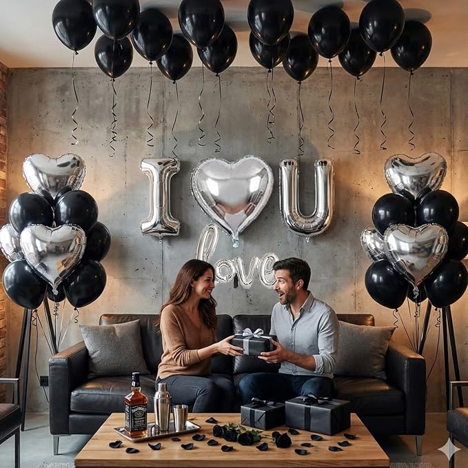 Romantic Special Night Decorations - Black Silver Theme with I LOVE YOU & Silver Hearts Balloons, Black Rose Petals for Anniversary, Valentine Day, Bedroom, Hotel Room, Birthday Surprise