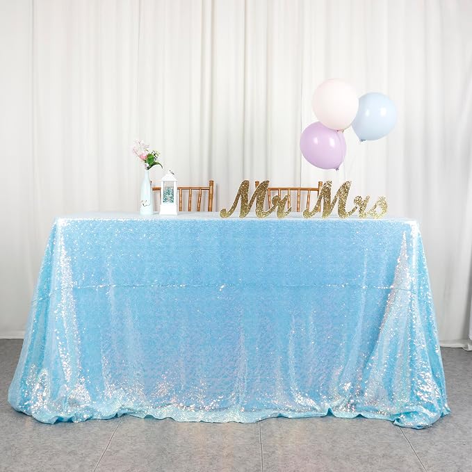 ShiDianYi Aqua Tablecloth Rectangle 60X102 Inch Sequin Fabric Tablecloths Iridescent Blue Sequin Overlay Glitter Table Cloth Mermaid Table Cover for Birthday Party