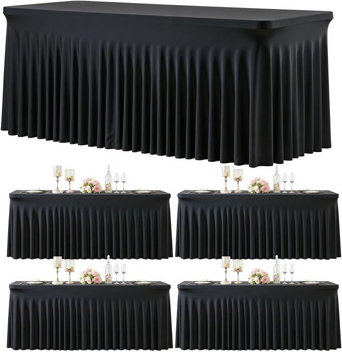 4 Pack Black Table Cloth for 8 Foot Rectangle Tables Spandex Fitted Tablecloth 8ft Stretch Table Covers Skirt Black Banquet Tablecloths Wrinkle Free Tablecloth for Party Wedding Birthday Event