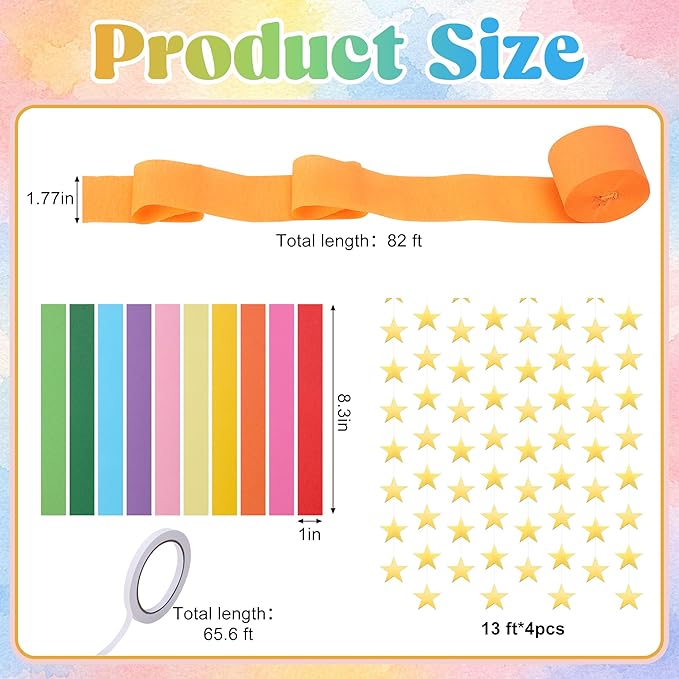 700 Sheet Paper Chain Strips and Star Garland Set, Rainbow Paper Chains and 52 ft Gold Stars Decor with 492 ft Crepe Paper Streamers for DIY Crafts Pride Month Birthday Wedding Theme Party