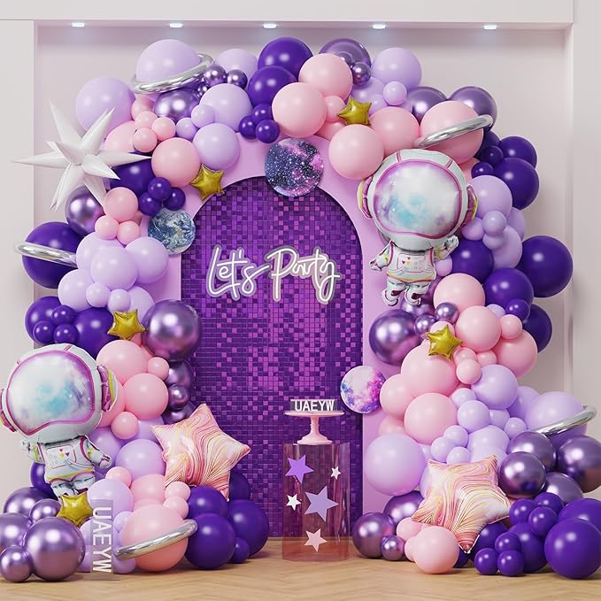 Outer Space Balloon Arch Garland Kit, 152Pcs Pink Purple Metallic Balloons with Astronaut Star Foil Balloons for Galaxy Birthday Astronaut Theme Baby Shower Party Decorations