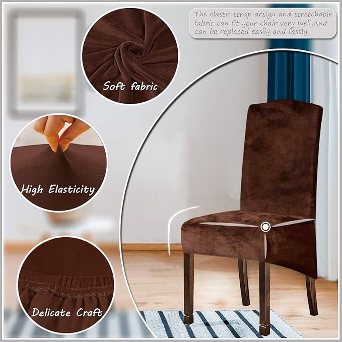 Velvet Plush XL Dining Chair Covers, Stretch Chaircover, Spandex High Chairs Protector Covers Seat Slipcover with Elastic Band for Dining Room,Wedding, Ceremony, Banquet (Coffee, Set of 4)