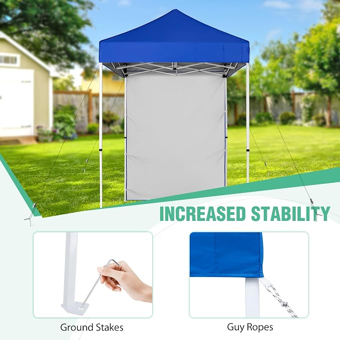 5x5 Pop Up Canopy Tent with One Sidewall, Instant Portable Beach Canopy, Outdoor Tent with Carry Bag for Camping, Sports, Tailgating, Events, Blue