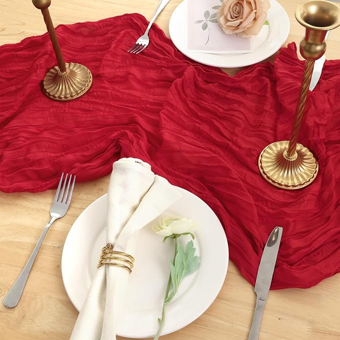 3 Pack Red Cheesecloth Table Runner 120 Inch 10FT Cheese Cloth Fabric Runners for Banquet, Valentine's Day, Independence Day, Retro Decoration