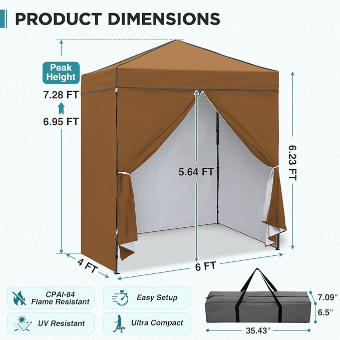 EAGLE PEAK 6x4 Instant Pop Up Canopy Tent with 4 Side Wall Panels, Straight Leg Sun Shelter, Portable Canopy with Carry Bag for Camping, Beach & Sports, Khaki
