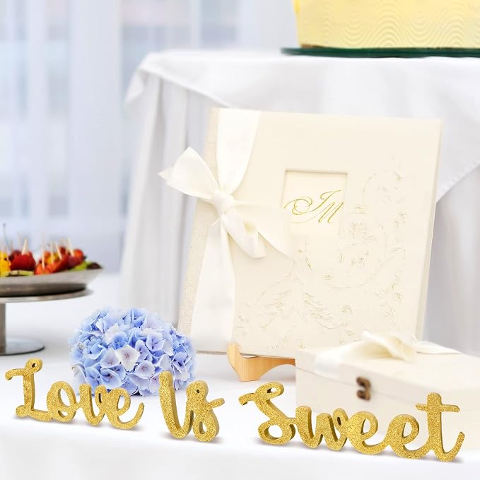 Love Is Sweet Table Decor Hollow Sign Wooden Love Is Sweet Sign for Dessert Table Freestanding Wood Is Wooden Letter Top for Wedding Shelf(Glitter Gold)