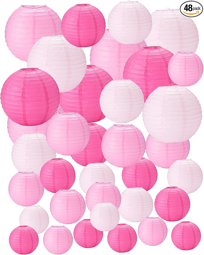 Treela 48 Pcs Paper Lanterns Party Decorations Chinese Round Paper Decor 4/6/8/10 Inch Asian Hanging Lamps Decorative for Graduate Wedding Birthday Party Bridal Parties Supplies(Pink Series)