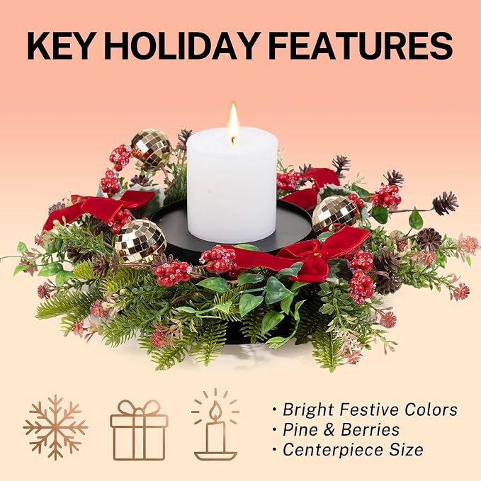 MOYEE Christmas Winter Centerpieces for Tables Candle Ring, Black Metal Candlestick with an Artificial Wreaths 14 in Versatile Dining Table Centerpiece Decor (Red Bow Pinecone Wreath)