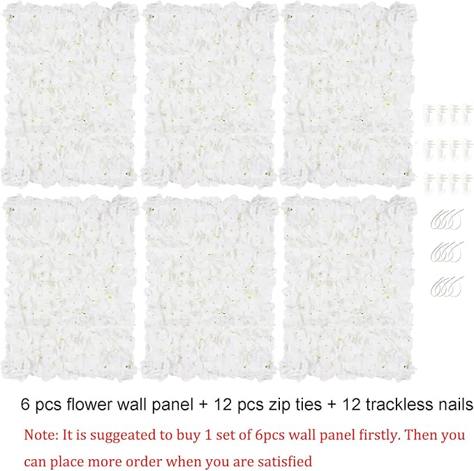 BLOSMON Flower Wall Panel Backdrop: 6 Pcs 24 x 16 Inch Ivory White Artificial Hydrangea Floral Walls for Wedding Party Baby Bridal Shower Decor - Hanging Fake Silk Flower Backdrop Decoration