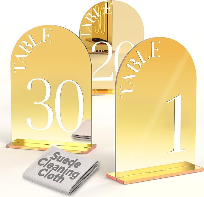 Mirror Arched Wedding Table Numbers 1-30 with Stands, 5"x7" Double-sided Letter, Acrylic Wedding Signs Centerpiece Decoration for Wedding Reception Party (Gold, Table Numbers 1-30)