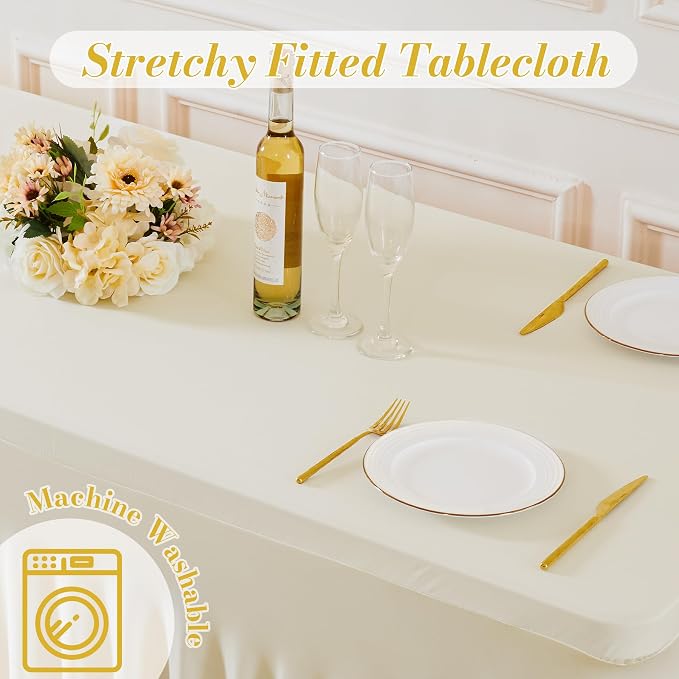 2 Pack Spandex Beige Fitted Table Cloth for 8ft Rectangle Tables Beige Stretch Tablecloth Table Covers Skirt Banquet Wrinkle Free Tablecloths for Parties Wedding