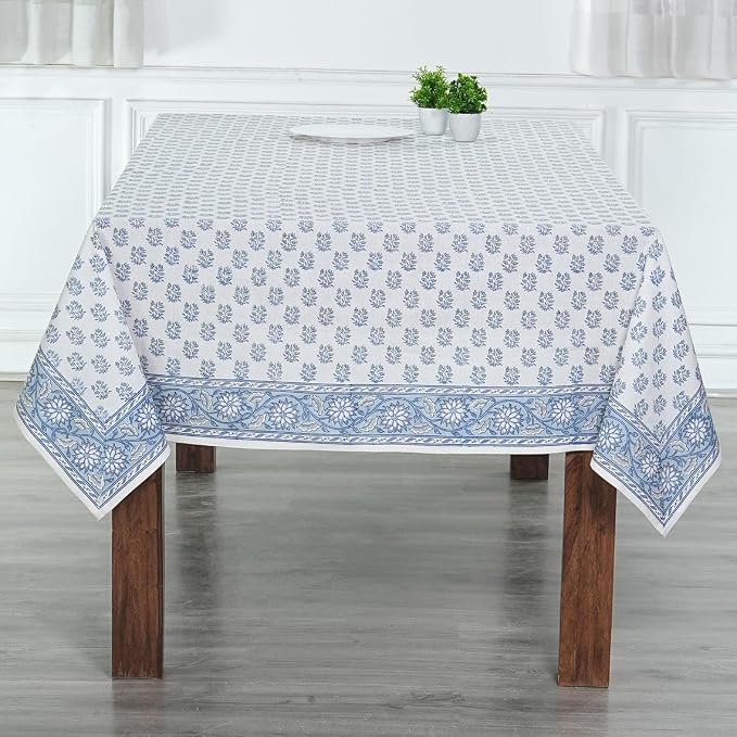 Ridhi Sky Beau Blue Hand Block Print Cotton Rectangle Tablecloth 118" x 70" inches Reusable Table Cover Decorative Everyday Use for Dining Room, Farmhouse, Home Gift for Spring, Mother's Day