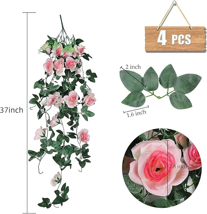 RECUTMS 4PCS Artificial Hanging Rose Flower Plants, 37Inch Light Pink Fake Silk Floral Ivy Garlands for Outdoors Home Room Garden Wedding Arch Bridal Shower Valentine's Mother's Day Indoor Party Decor