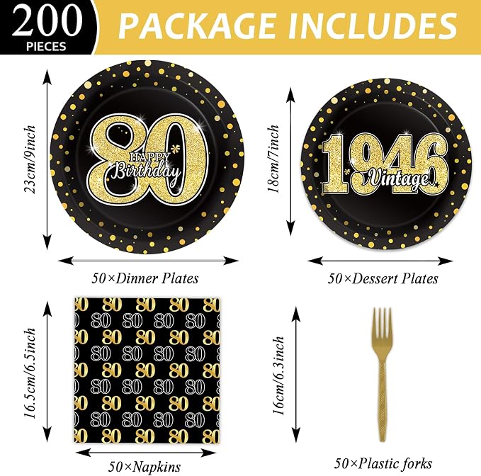 200PCS 80th Theme Birthday Party Tableware Vintage 1946 Party Supplies 80 year old Birthday Party Decorations Plates Napkins Forks Black and Gold Dinnerware Favors for Men or Women