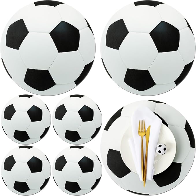 Remerry 14 Inch Leather Soccer Placemats Set of 6 Soccer Shape Table Mats for Sport Ball Birthday Party Decorations Heat Resistant Sport Ball Place Mat for Game Day Sportball Party Favors Kitchen