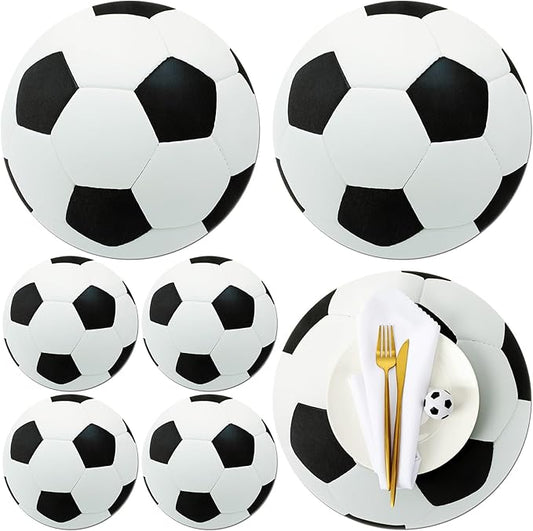 Remerry 14 Inch Leather Soccer Placemats Set of 6 Soccer Shape Table Mats for Sport Ball Birthday Party Decorations Heat Resistant Sport Ball Place Mat for Game Day Sportball Party Favors Kitchen
