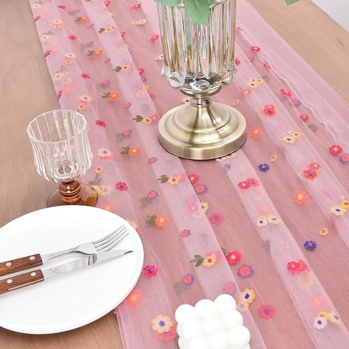 Joanlody 3pcs Blushing Pink Summer Flower Table Runner 10ft Embroidery Daisy Floral Seasonal Tulle Table Runner for Home Garden Tea Party Holiday Birthday Decoration