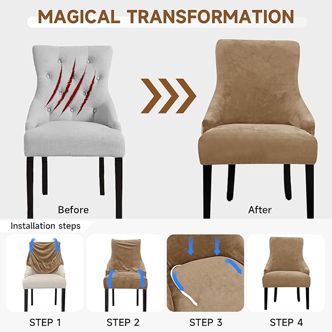 Velvet Wingback Dining Chair Cover Soft Stretch Accent Chair Cover Slipcover Thick Plush Wing Back Chairs Covers Furniture Protect Washable Chairs Protector Covers for Dining Room (Brown, 4)