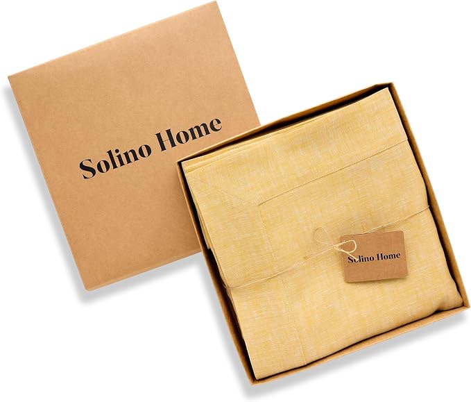 Solino Home Linen Tablecloth 60 x 108 Inch - 100% Pure Linen Chambray Mustard Yellow Table Cloth for Rectangular Tables - Athena, Machine Washable Cloth Tablecloth for Summer