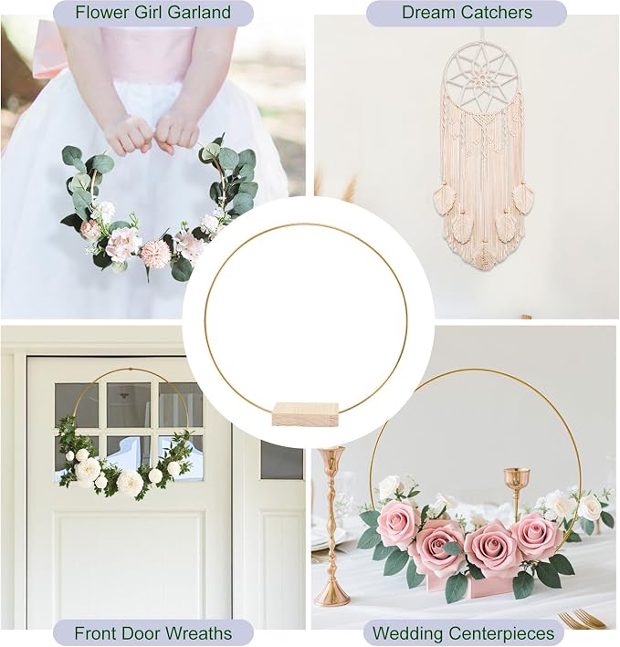 12Pcs 12 Inch Floral Hoop Centerpiece Table Decorations, Metal Gold Center Pieces Decoration for Table with Wood Base, Table Centerpieces for DIY Wedding Decor Wall Hanging Crafts